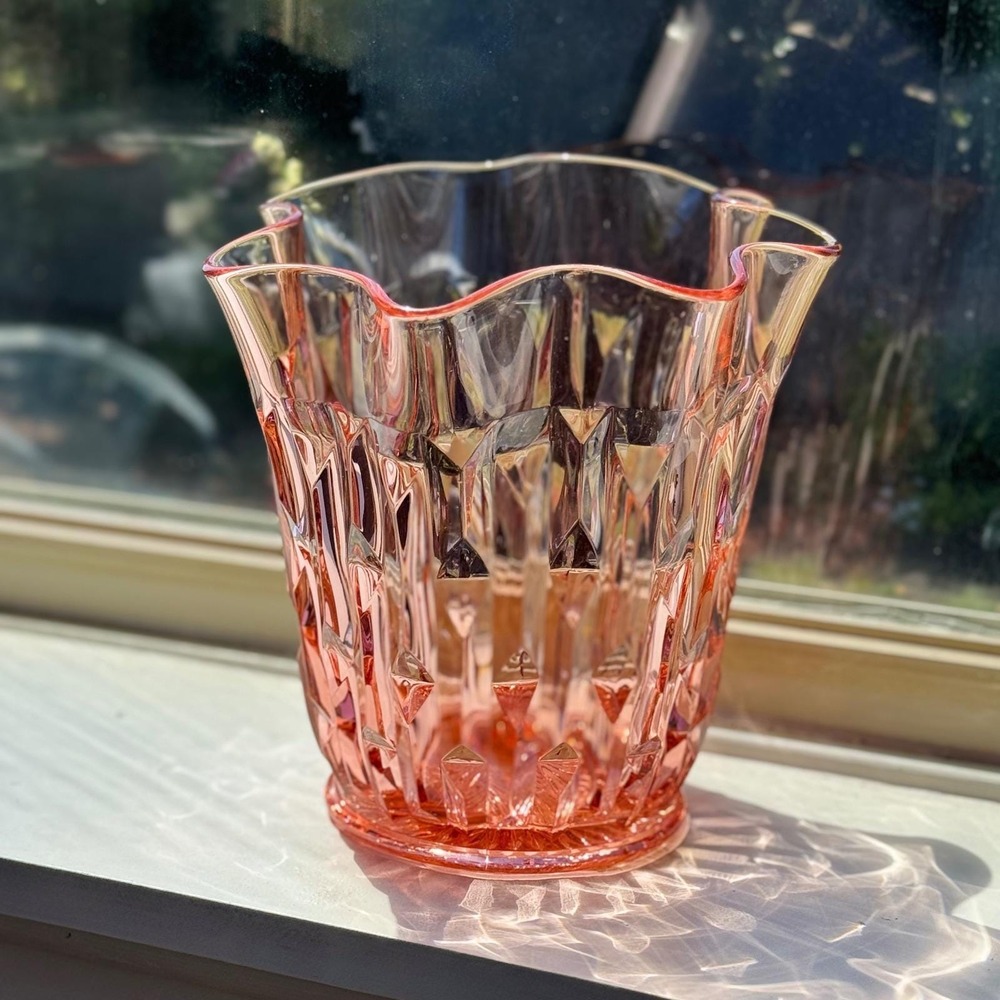 Central Glass Works Frances Pink Glass Vase Scalloped 8" Art Deco Vintage
